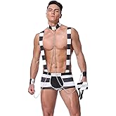 JIAHG Men Prisoner Costume Set Underwear Cosplay Convict Costume Suspender for Role-Play Halloween Costume Criminal Outfits