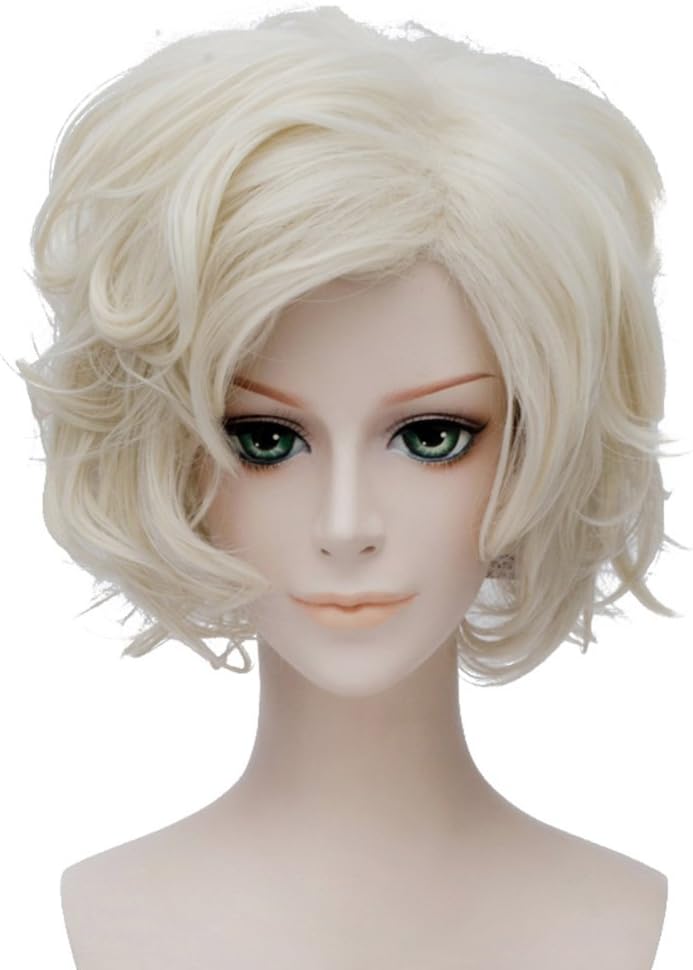 Platinum Blonde Short 12 Inches Curly Heat Resistant Cosplay Wig Fashion Lolita + Wig Cap