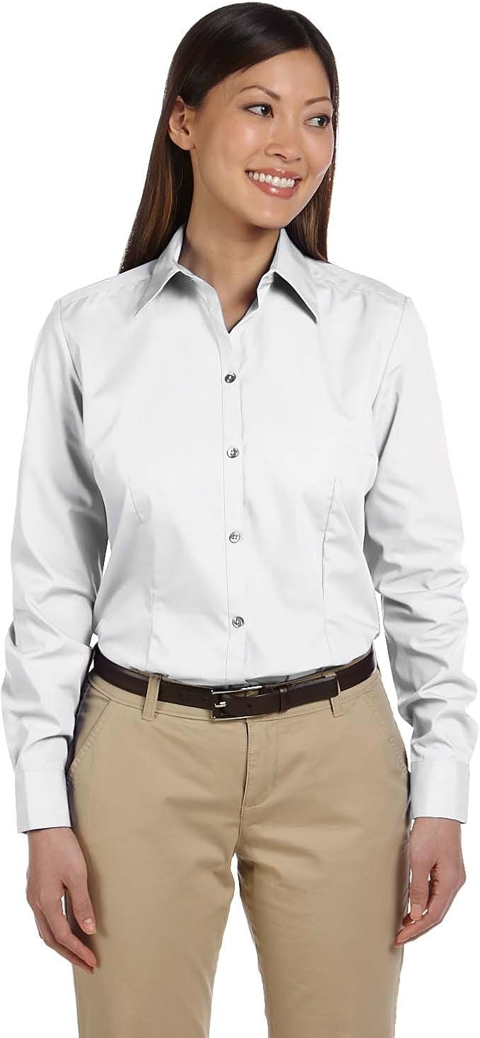 V0114 Van Heusen Ladies' Long-Sleeve Silky Poplin (White) (M) at Amazon Womenâs Clothing store 