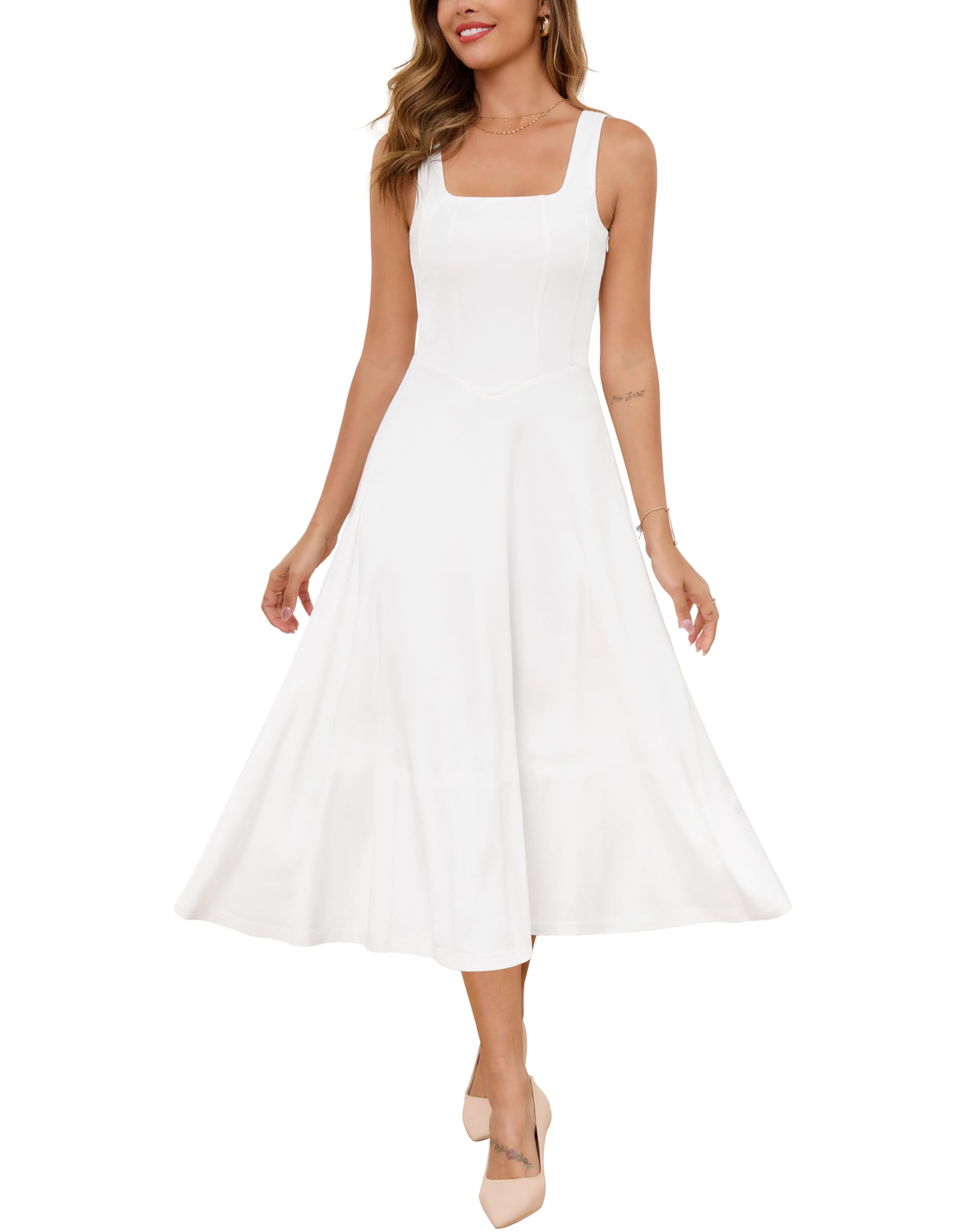 Photo 1 of Zattcas Summer Wedding Guest Dresses for Women 2025 Square Neck Sleeveless Spring Easter Graduation Semi Formal Cocktail Tea Party Prom Midi Dress White M