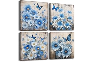 TTHYUEWS Canvas Wall Decor For Bedroom Room Wall Art For Living Room Abstract Blue Flowers Paintings Wall Artworks Hang Pictures For Office Decoration Posters Prints Art Kitchen Home Decor 4 Piece