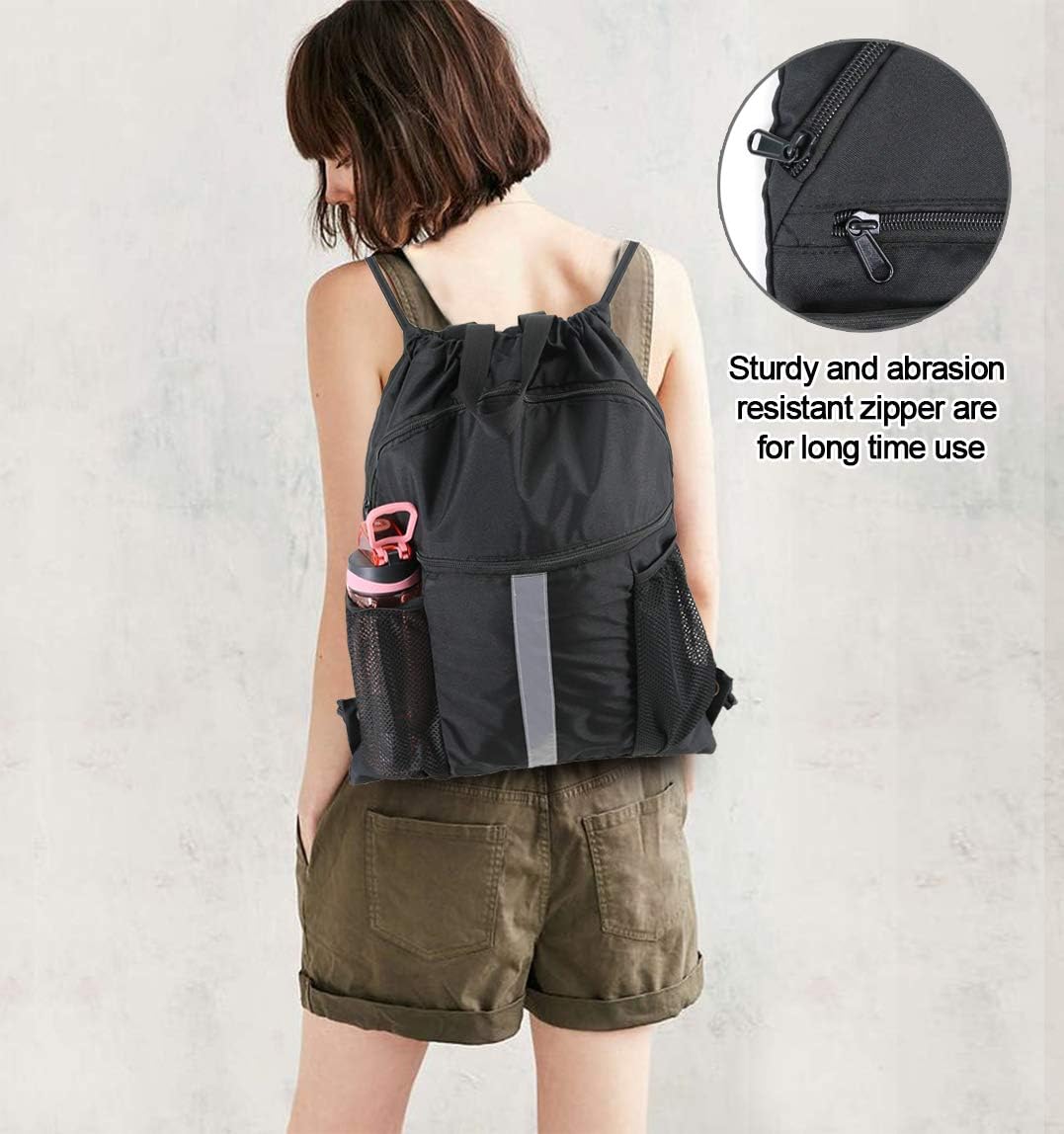  | BeeGreen Drawstring Backpack Bag with Shoe Compartment X-Large Black Gym Sports String Cinch Backpack Athletic Sackpack with Front Inside Zipper Pockets and Mesh Water Bottle Holders for Women Men | Drawstring Bags