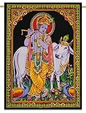 Sophia-Art Krishna Tapestry Unique Laxmi Work Shiva Radha Handmade God Cotton Buddha Sequin Wall Beautiful Poster Multi Arjun Hanging Ram Ethbic Poster Indian Poster (Krishna)