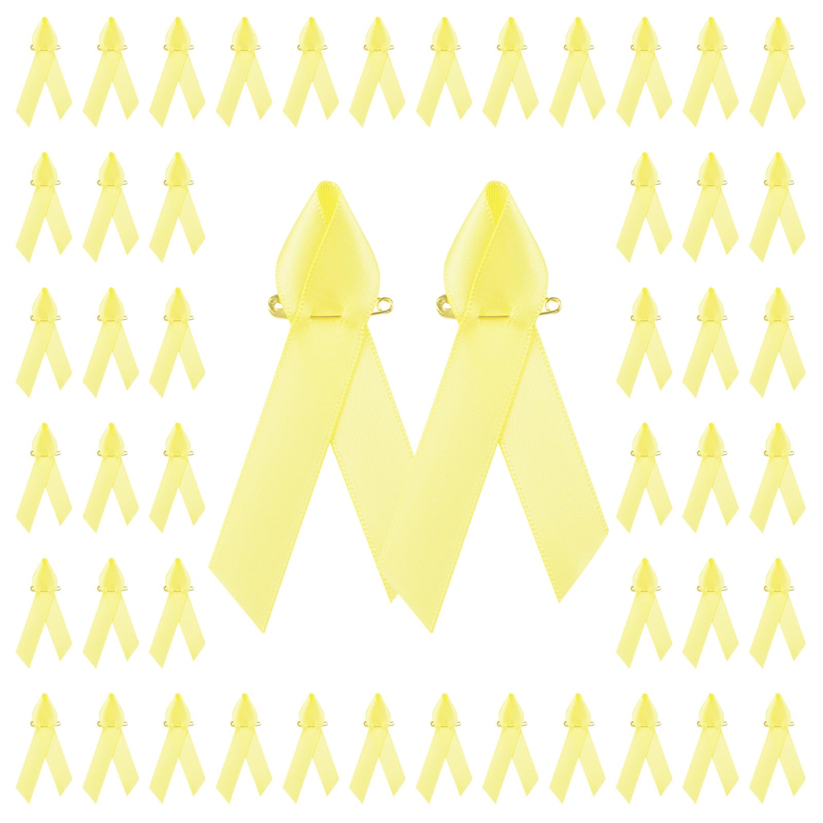 WANDIC 100pcs Yellow Ribbon Satin Pins Bladder Cancer Childhood Cancer Awareness Yellow Brooch with Safety Pins for Men and Women,7.5 * 4cm — image 1