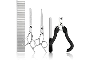 Hansprou 5 in 1 Stainless Steel Dog Scissors Grooming kit, Pet Grooming Scissor with Grooming Comb, Nail Clippers, and Nail File for Dogs, Cats, and Other Animals