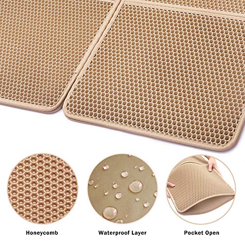 lesotc Cat Litter Mats Extra Large, Large Cat Litter Mat Litter Trapping, Jumbo Cat Litter Mats for Litter Box, Double-Layer, Waterproof, PU Leather Edge,(34" X 30", Beige)