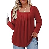 Womens-Plus-Size-Tops Dressy Pleated Square Neck Shirts Trendy Cute Long Sleeve Blouses Casual Loose Fit Tunics XL-5XL