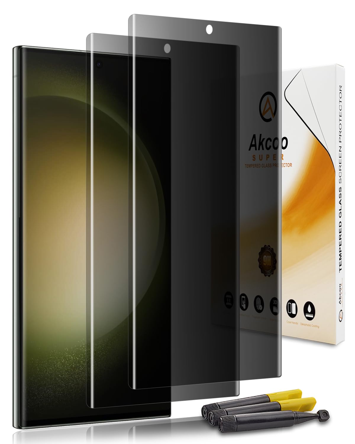 Photo 1 of Akcoo Privacy Screen Protector for Samsung Galaxy S23 Ultra [2 Pack], Tempered Glass UV Set, Anti Spy, 9H Hardness Scratch Resistant, Fingerprint-ID Compatible, Sensitive Touch