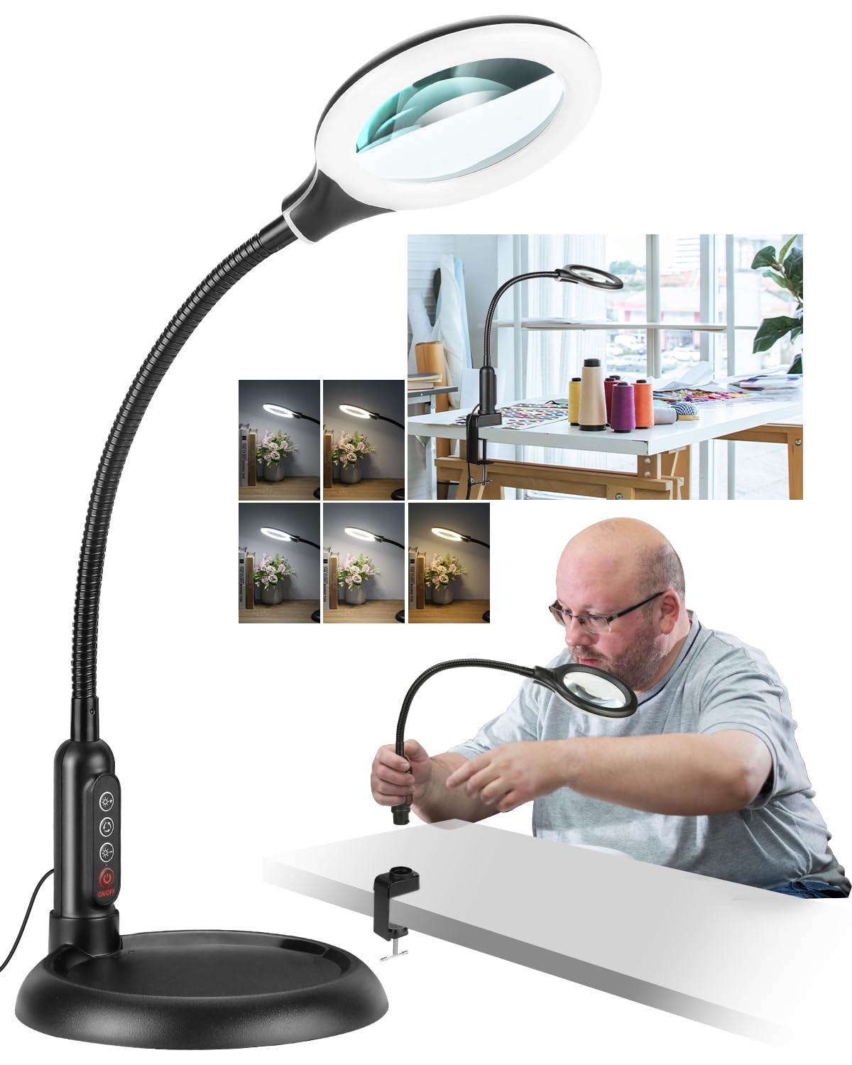 Photo 1 of 10X Magnifying Glass with Light and Stand, LED 5 Color Modes, Brightness Stepless Dimming Lighted Magnifier Hands Free, Flexible Gooseneck Desk Lamp with Clamp for Close Works, Crafts, Hobby, Painting