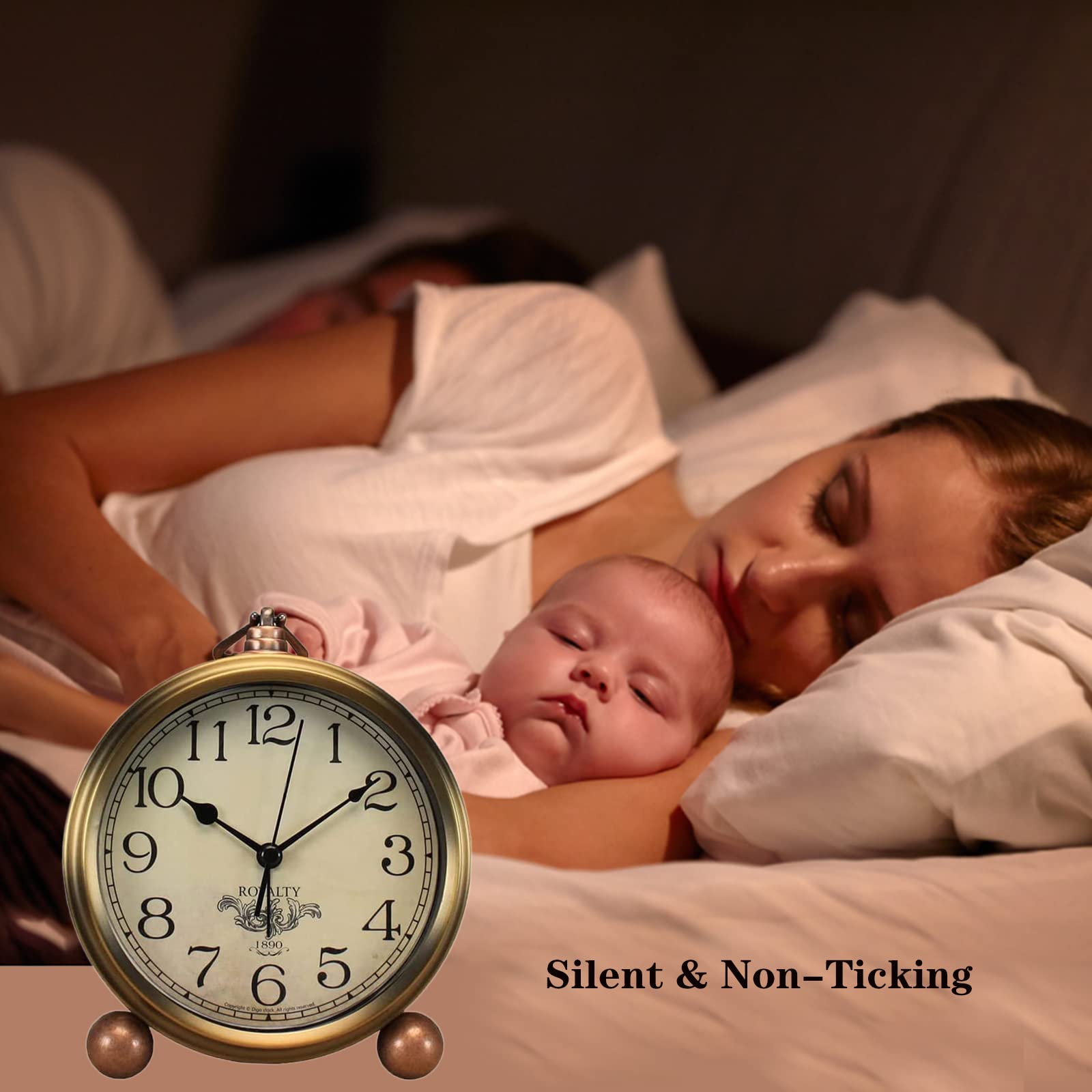 JUSTUP Golden Table Clock, Retro Vintage Non-Ticking Table Desk Alarm Clock Battery Operated Silent Quartz Movement HD Glass for Bedroom Living Room Indoor Decoration (Arabic)