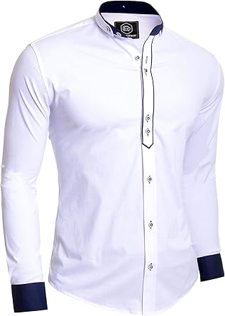 Hombre Camisa de Manga Larga Casual Elegante Elástico Collar Nao Algodón Slim