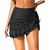 Pinup Fashion High Waisted Swim Skirt - Women Drawstring Ruched Bathing Suit Bottoms with Built-in Brief