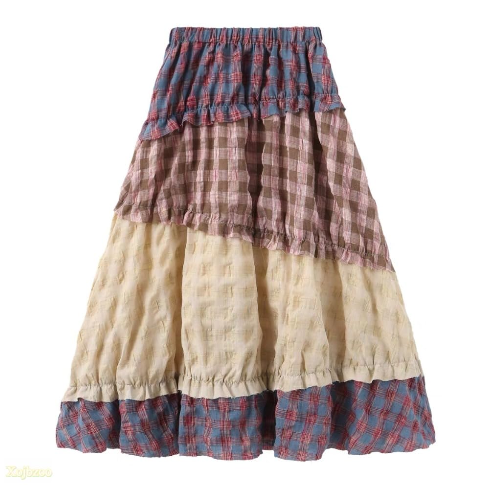 Photo 1 of Patchwork Tiered Skirt Women's High Waisted Cotton Midi Skirt with Elastic Band, French Vintage Floral Print A-Line Dress (Picture Color,Large)