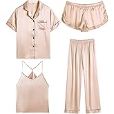 Ekouaer 4PCs Womens Satin Silky Pajama Set Button Down Top and Long Pants Loungewear Camisole Top and Shorts Sleepwear