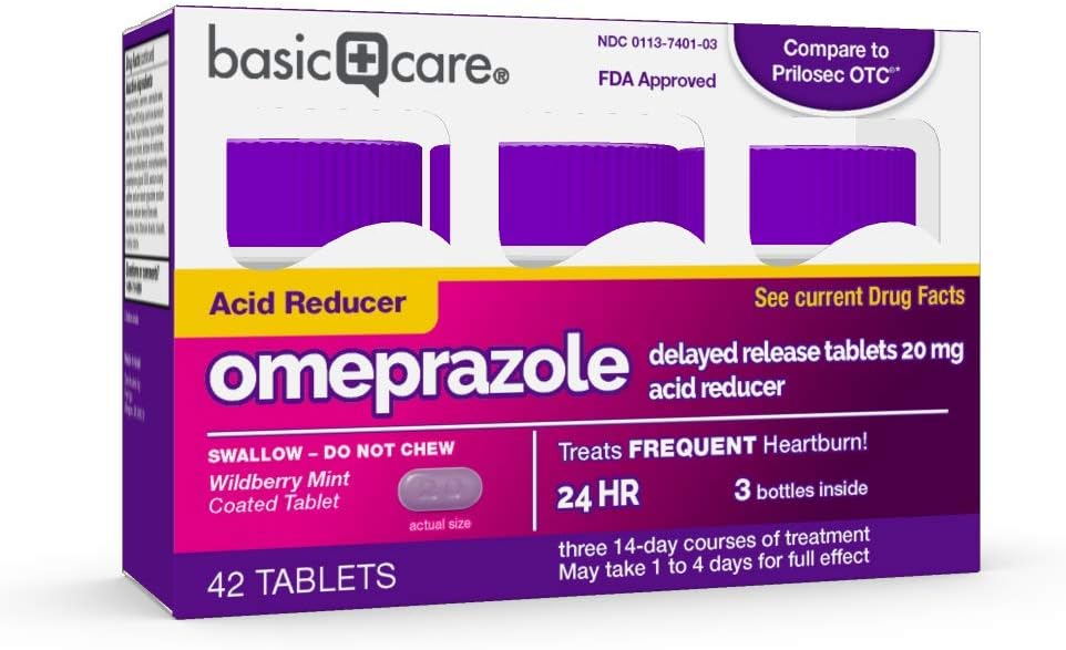  Basic Care Omeprazole Delayed Release Tablets 20 mg, Acid Reducer, Wildberry Mint Coated Tablet, 42 Count: Health & Personal Care