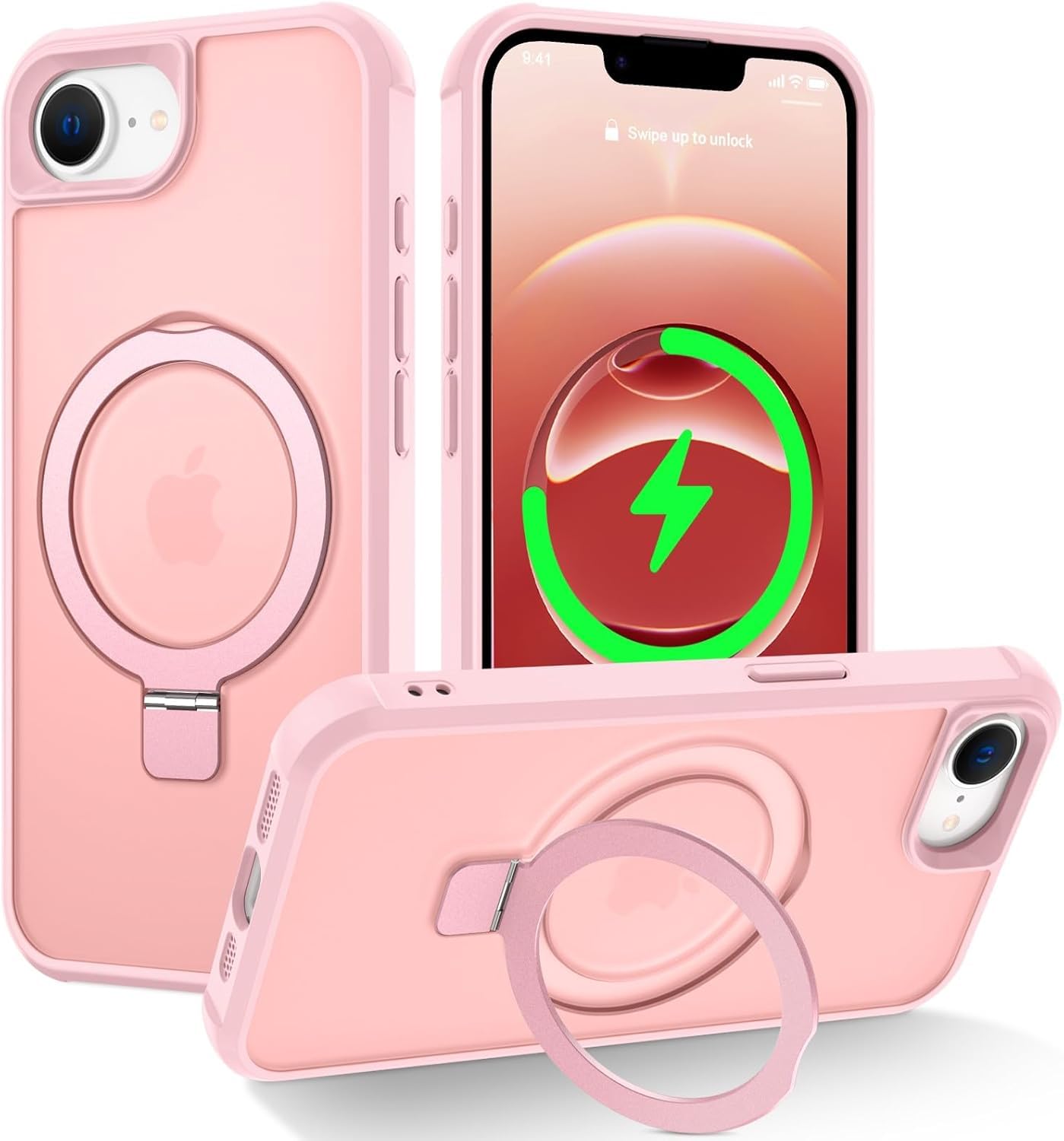 CHAOFEnG Magnetic Compatible with iPhone 17E & 16E Case with Stand [Military Grade Drop Tested][Compatible with Magnet] Ring Translucent Slim Hard Back Soft Edge, Pink