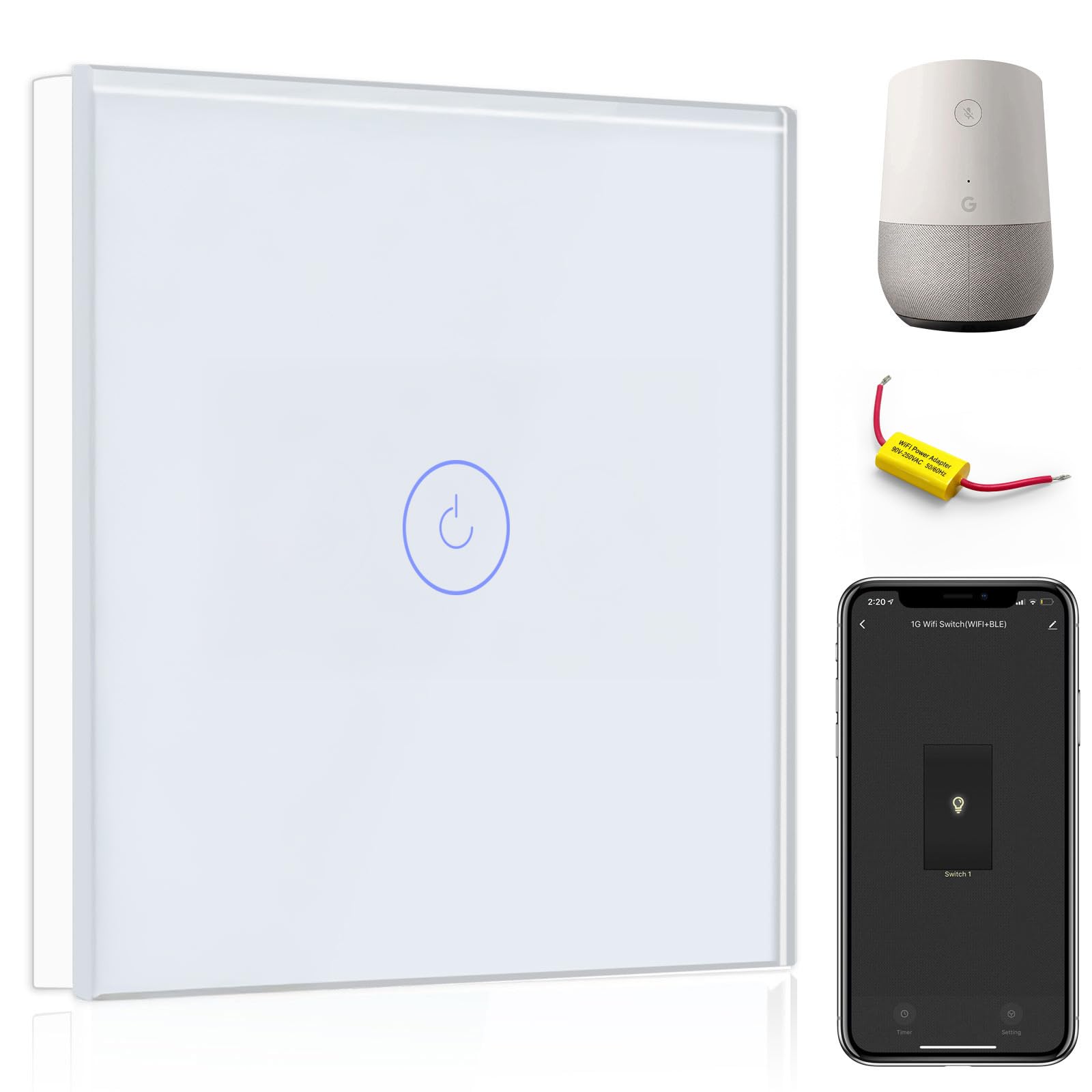 BSEED WiFi Touch Switch White,1 Gang 1 Way Smart Light Switch Compatible with Alexa and Google Home,with Smart Life Remote Control(No Hub Required)-No Need Neutral Wire
