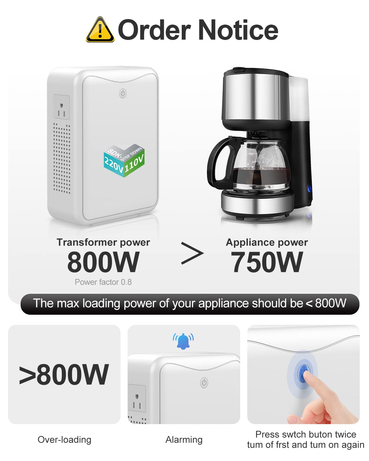 220v to 110v Step Down Transformer 1000W Power Voltage Converters, No Noise, Suit for Coffee Machines, Rice Cookers and Other Kitchen Appliances，Using US and Japan Appliance in Asia or Europe