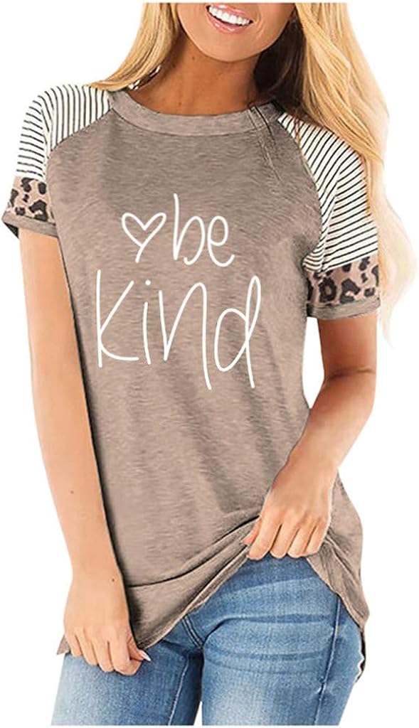 Casual Cute Shirts for Women,MOHOLL Comfy Short Sleeve Leopard Print Tops Be Kind Blouse Tunic T Shirts