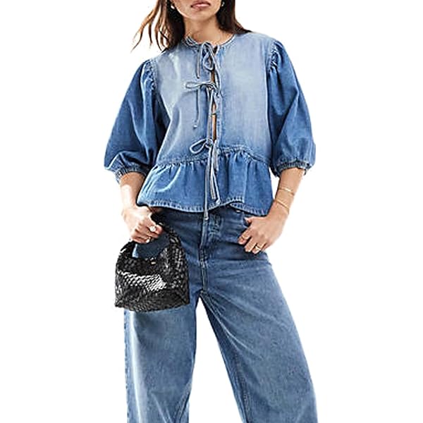Women's Y2k Trendy Loose Denim Blouse Tie Front Denim Shirt