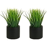 MyGift Tabletop Artificial Grass Plants Decorative Faux Greenery Plant Potted in Modern Cylindrical Black Cement Pots, Set of 2