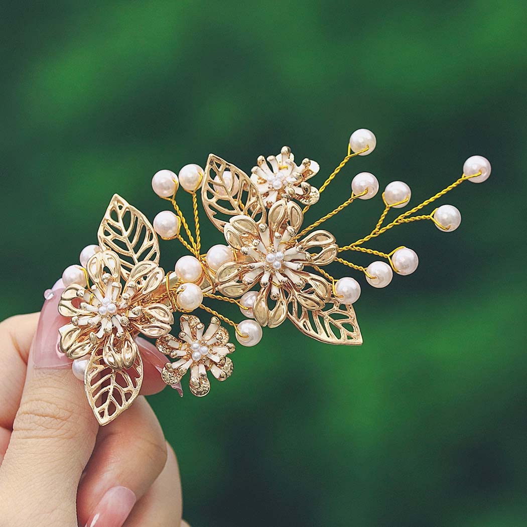IYOU Bridal Wedding Hair Clip Gold Flower Barrette Hair Piece Pearl Bridal Hair Comb Prom Bride Bridesmaid Hair Accessories for Women