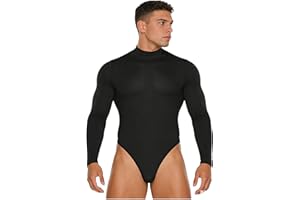 Jugaoge Mens One Piece Bodysuit Long Sleeve Button Crotch Slim Fit Leotard Yoga Workout Unitard