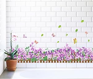 Amaom Removable Beautiful Purple Flowers and Butterfly Skirting Wall Decals Murals Home Art Decor Peel Stick Wall Stickers for Wall Corner Kids Room Bedroom Living Room Decorations