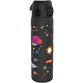 Ion8 Water Bottle, 500 ml/18 oz, Leak Proof, Easy to Open, Secure Lock, Dishwasher Safe, BPA Free, Hygienic Flip Cover, Carry Handle, Easy Clean, Odor Free, Carbon Neutral, Black, Spaceships Design