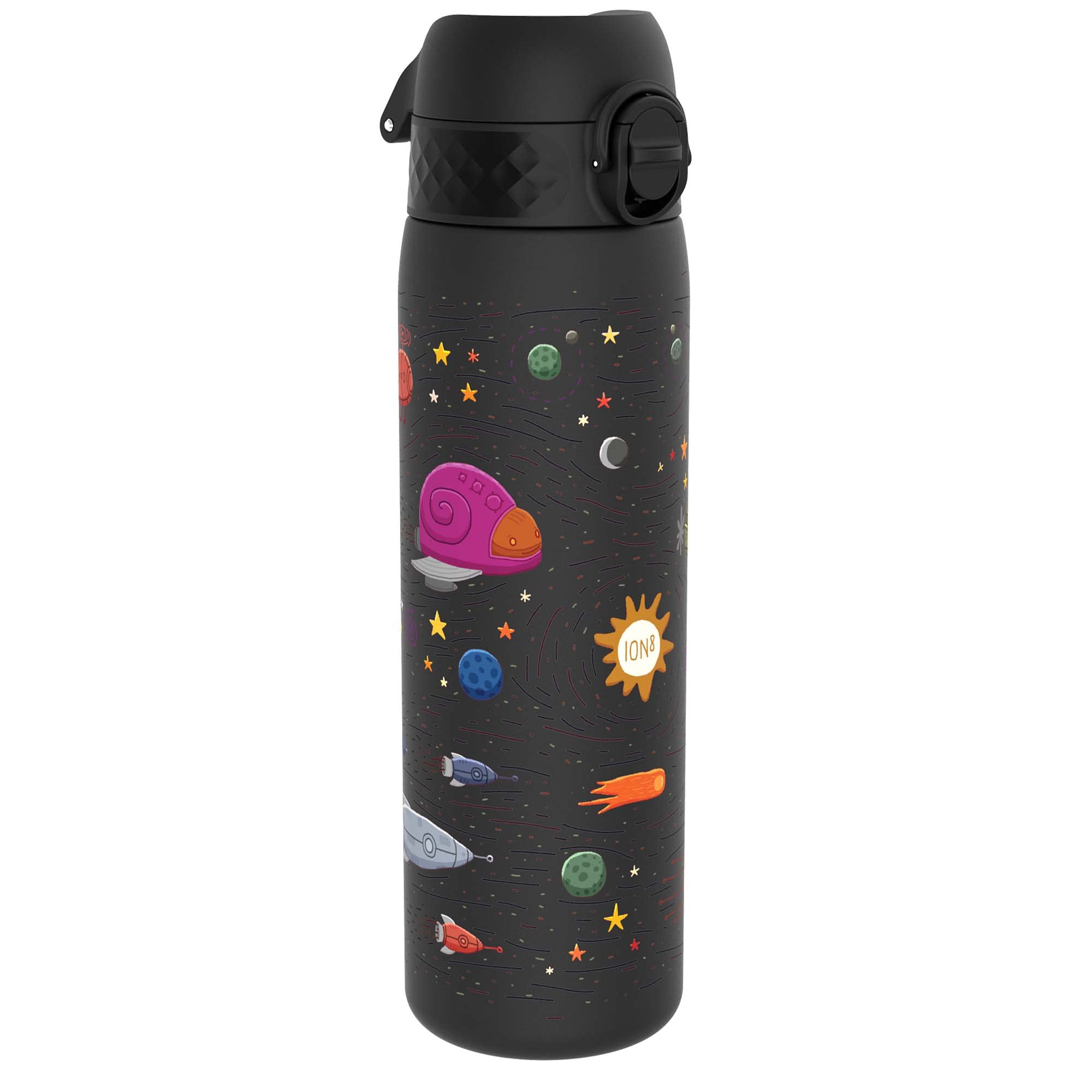 ION8 Water Bottle, 500ml/18oz, Slim Leak Proof & BPA-Free Drinking Bottle, Secure Lock Prevents Spills, Dishwasher Safe, Carry Handle, Ideal for Adults & Kids - Travel, Gym & School, Black, Spaceships
