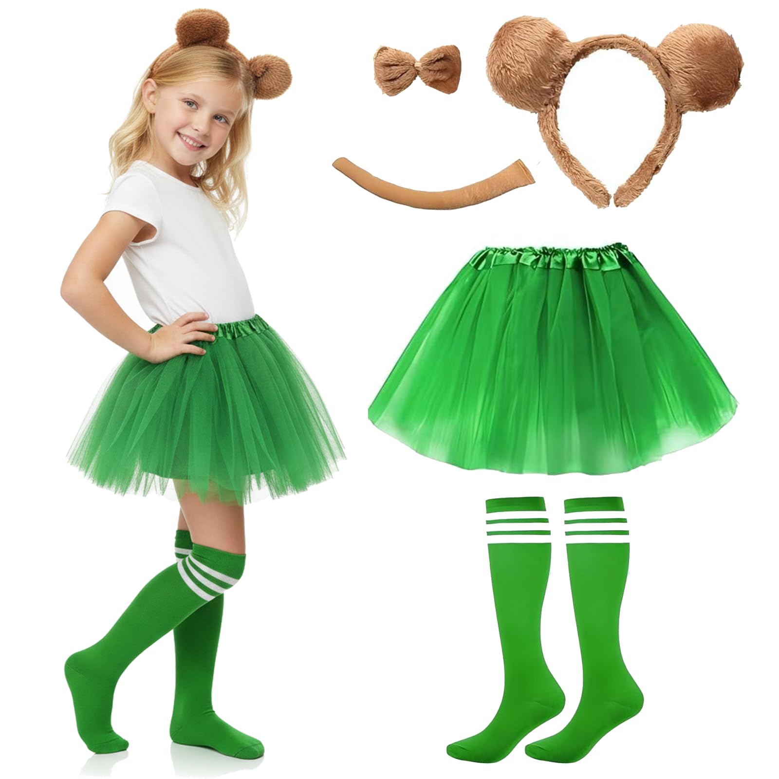 Gibocot 5 Pcs Kids Chipmunk Costume Set with Chipmunk Ears Headband Bowtie Tail Green Tutu Skirt Striped Socks, Chipmunks Fancy Dress Outfit for 4-9y Girls World Book Day Cosplay