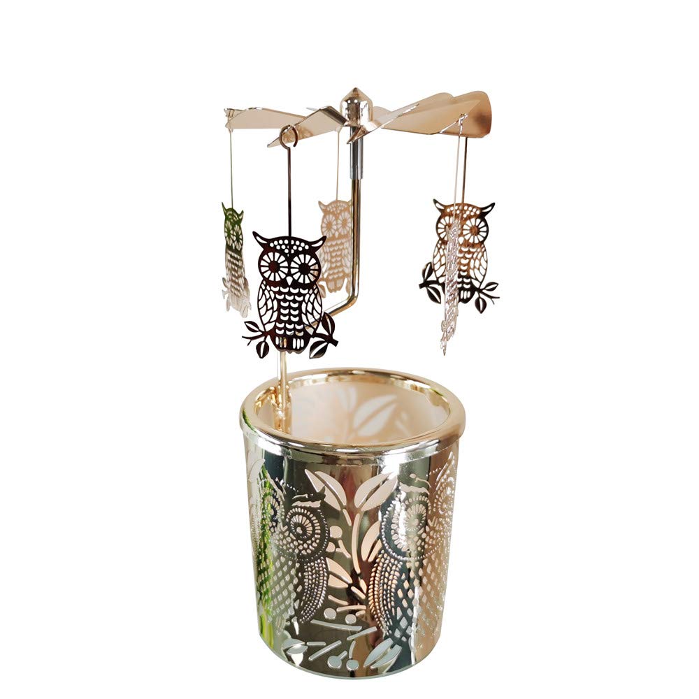 kingnero carousel candle rotating Rotary Candle Holder Spinning windmill tealight Candlestick for home Decor gifts (Gold owl)