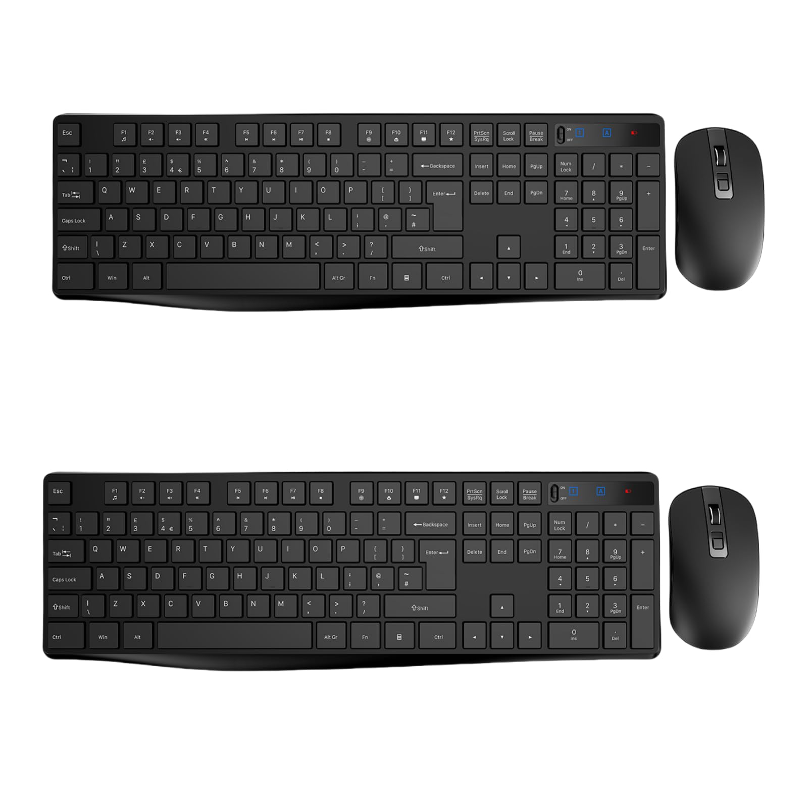 Wireless Keyboard and Mouse Set, Full Size Wireless Keyboard Ergonomic Design & Quiet USB Cordless Mouse Combo UK Layout, 12 Multimedia Shortcuts for Windows Computer PC Laptop Desktop,Black,2 PACKS