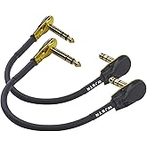 WJSTN 1/4 inch Right Angle TRS Stereo Dual Channel Guitar Flat Patch Cable Low Profile Pancake Design 2 Pack (4 inches)