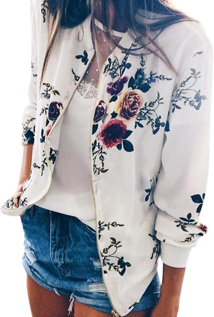 iYBUIA Autumn Womens Ladies Retro Print Floral Zipper Up Bomber Jacket Casual Coat Outwear