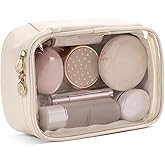 Pocmimut Makeup Bag,Small Makeup Bag TSA Approved Clear Toiletry Bag,Makeup Case Pouches Car Accessories Storage for Women,Travel Essentials Organizers,Beige