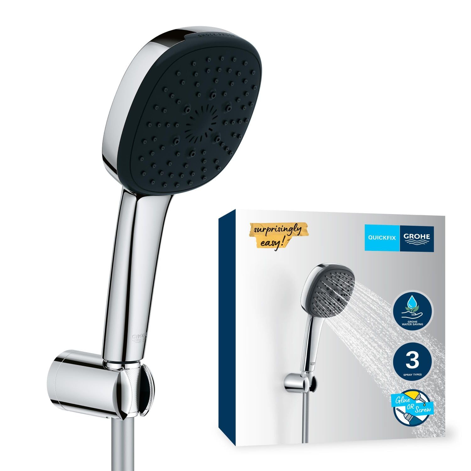 GROHE Vitalio Comfort 110 - Shower Set (Square 11 cm Hand Shower 3 sprays: Rain, Jet and Massage, Shower Hose 1.75 m, Wall Holder, Water Saving), Easy to fit with GROHE QuickGlue, Chrome, 26176001