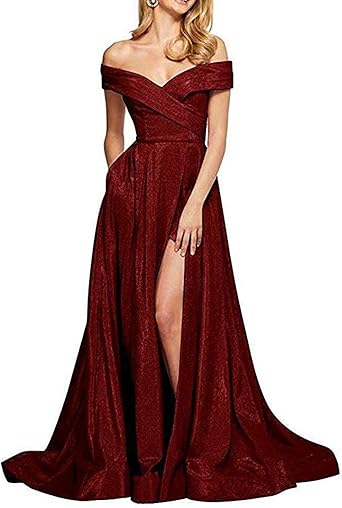 off the shoulder glitter prom dress