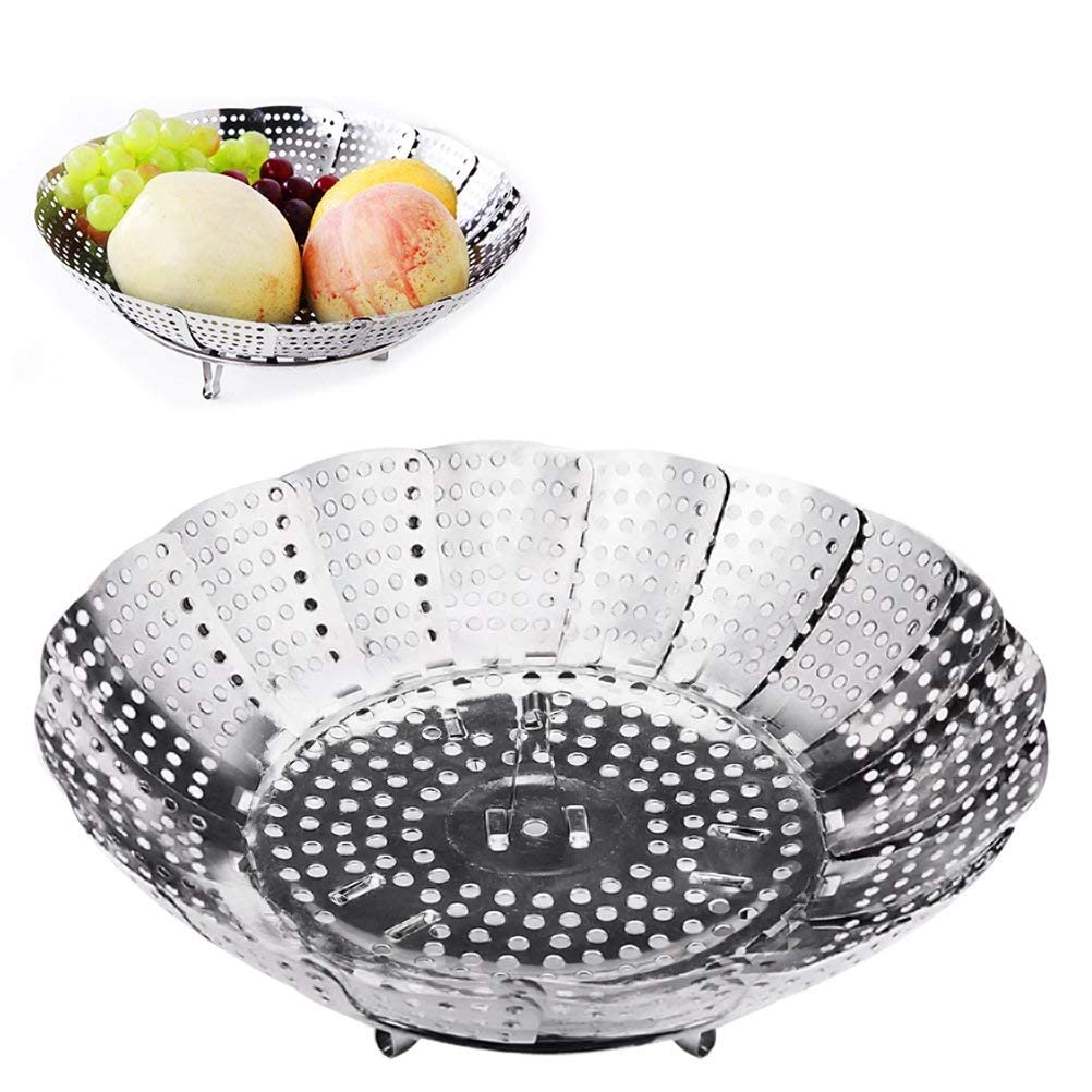 Aomig Steaming Basket for Cooking, Stainless Steel Vegetable Steamer Basket, Expandable 5.6" to 9", Metal Folding Steamer Insert for Veggie, Fish, Seafood Cooking, Silver