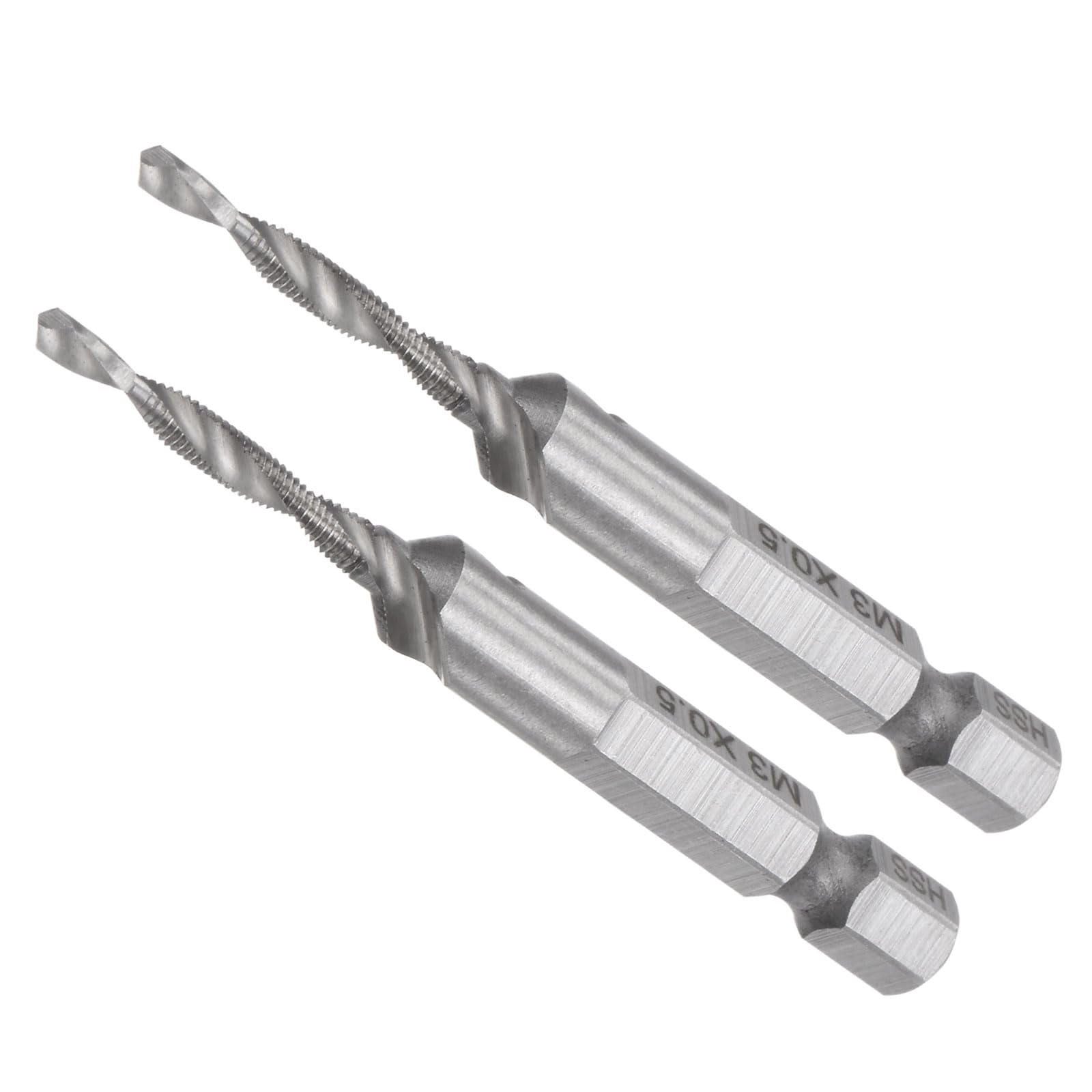 CoCud Combination Drill Tap Bit, M3 x 0.5 Thread Size 1/4" Hex Shank, 4341 Uncoated High Speed Steel Long Tools - (Applications: for Aluminum Stainless Steel Plastic Long), 2-Pieces