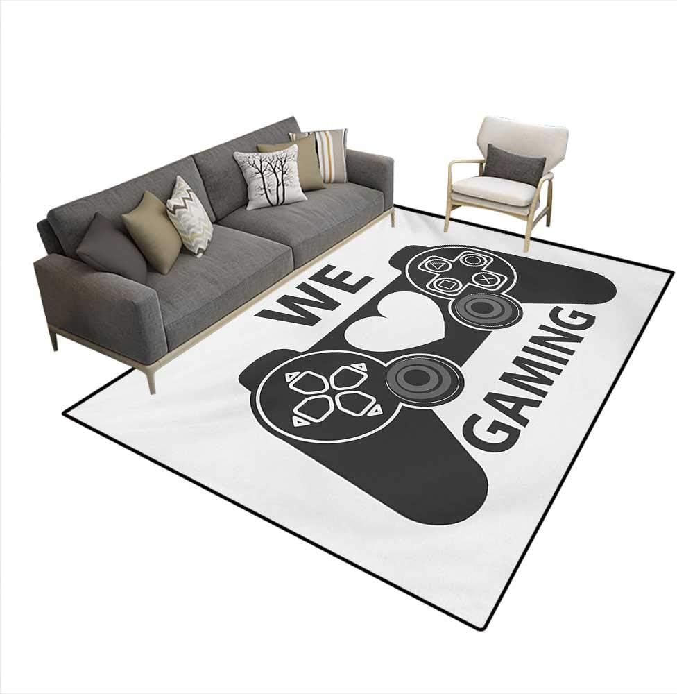Floor Mat,We Love Gaming Quote Greyscale Controller Design Heart in The Middle,3D Printing Area Rug,Charcoal Grey White,5'x7'