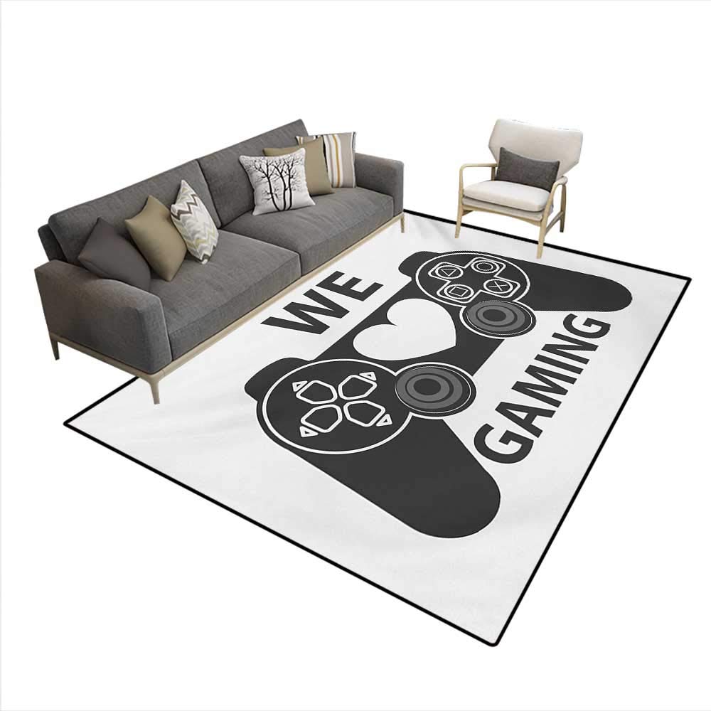Floor Mat,We Love Gaming Quote Greyscale Controller Design Heart in The Middle,3D Printing Area Rug,Charcoal Grey White,5'x7'