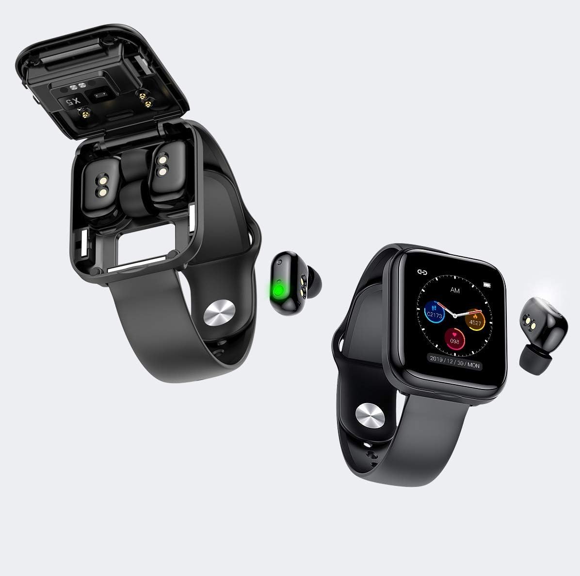2 in 1 Smart Watch Bluetooth Headset,IP67 Waterproof TWS Earbuds, Smart Bracelet Heart Rate Monitor Blood Pressure Fitness Tracker Earplugs Combination Running Music Wristband, Dual Earbuds (BLACK)