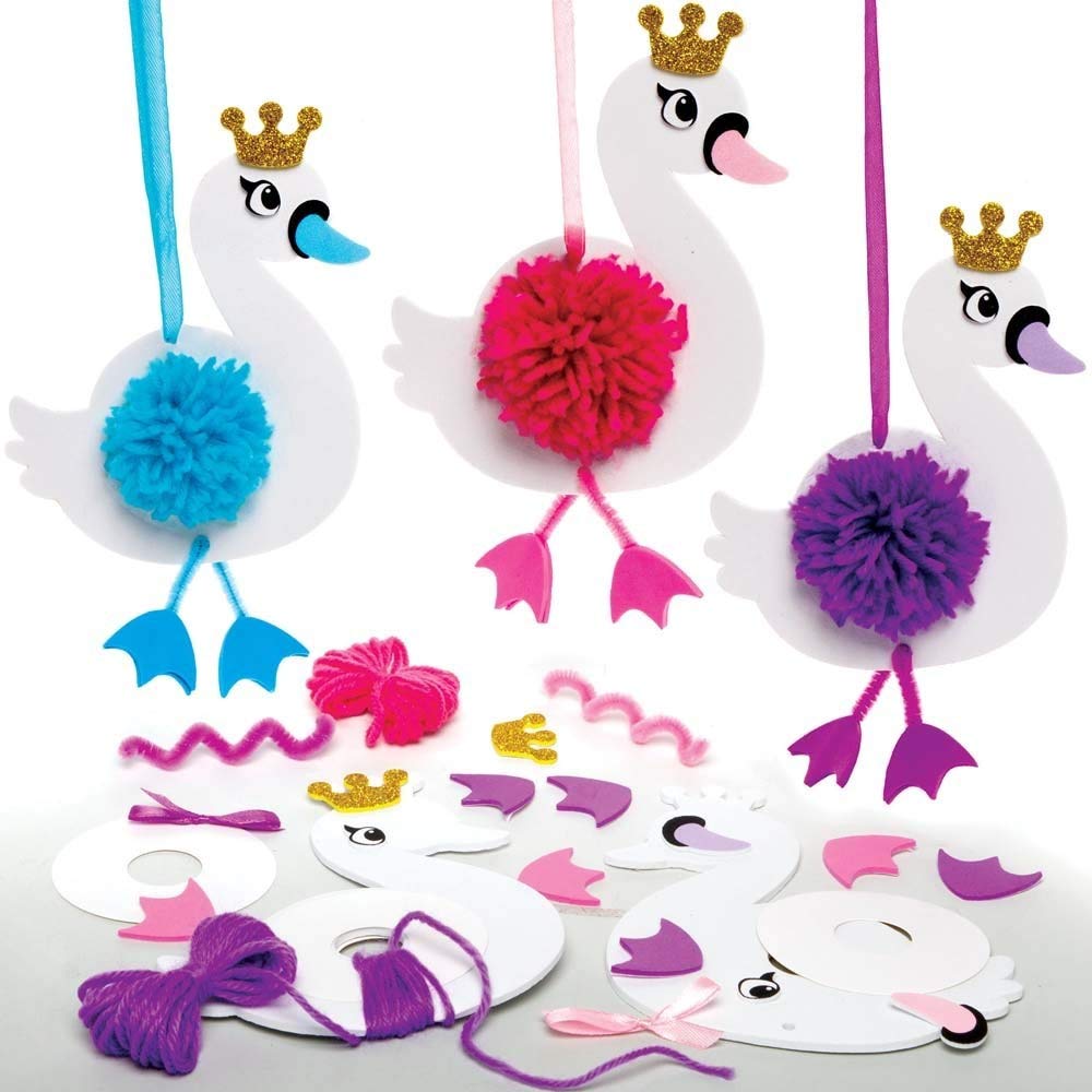 Baker Ross AX832 Swan Princess Pom Pom Decorations - Pack of 3, Creative Art and Craft Supplies for Kids to Make, Decorate and Display