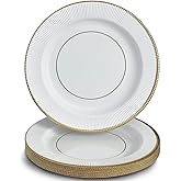 Elegant White/Gold Charger Paper Plates with Ruffled Rim - 13" (Pack of 10) - Perfect for Anniversary, Wedding, Thanksgiving Celebrations & More