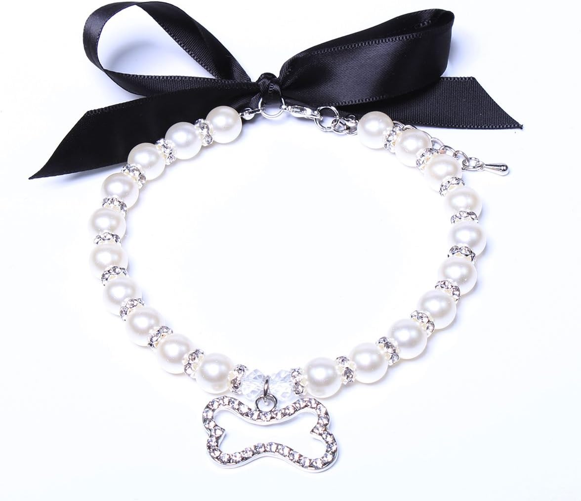 SKS PET Dog Cat Pearls Necklace Collar Bling Accessories Ribbon Bone Charm Pendant Pet Puppy Jewelry for Female Puppy Chihuahua Yorkie Adjustable Handmade