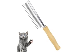 Koofull Dog Cat Grooming Comb with Wooden Handle Stainless Steel Teeth, Pet Grooming Supplies Accessories for Hairy Pets (Dual Teeth)