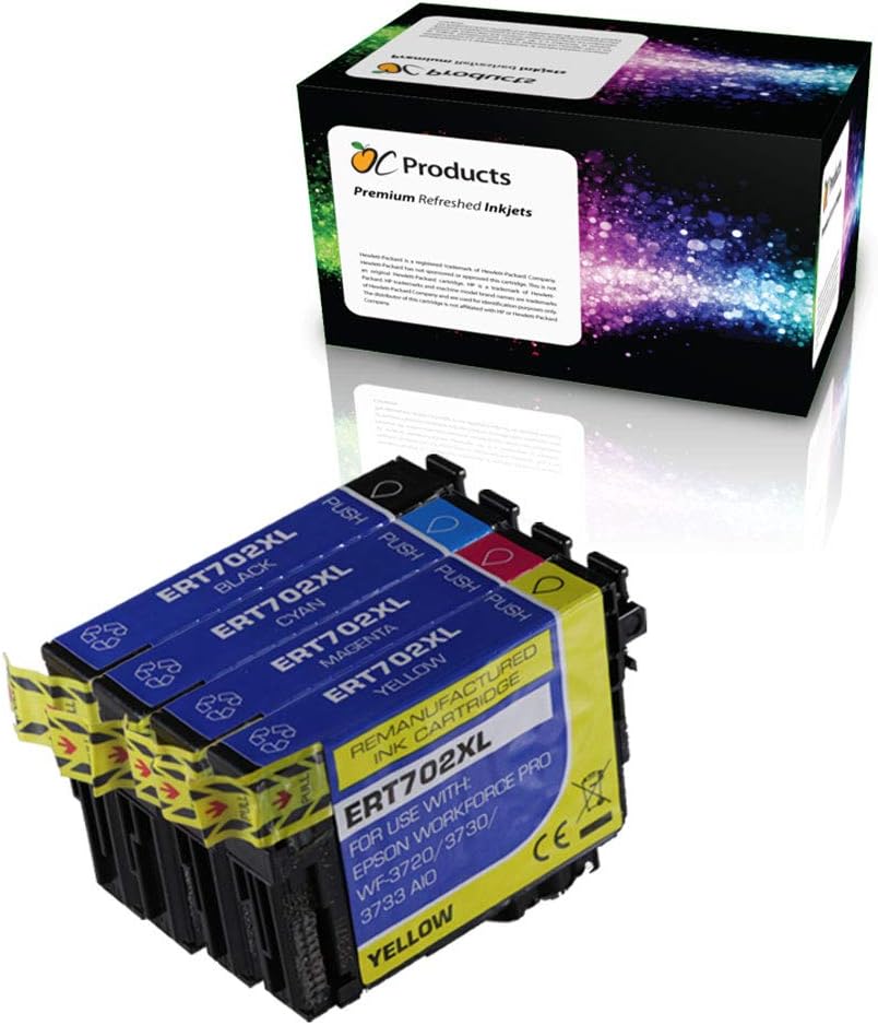 OCProducts Remanufactured Ink Cartridge Replacement 4 Pack for Epson 702 702XL for WF-3720 WF-3730 WF-3733
