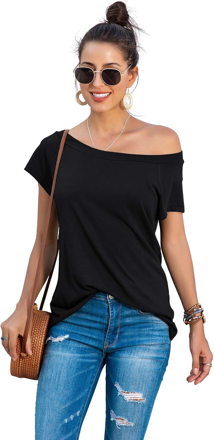 HIYIYEZI Women's Off The Shoulder Tops Summer Casual Short Sleeve T Shirts at  Women’s Clothing store