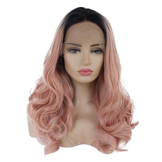 Women Long Curly Wigs Black Pink Gradient Lace Front